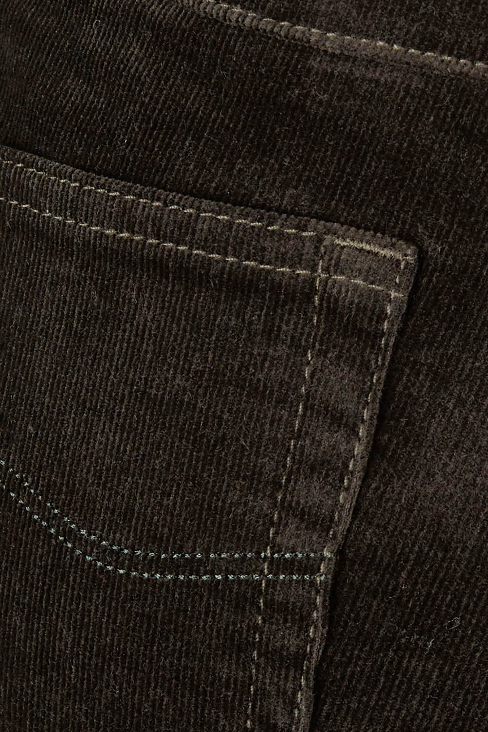 Product shot of the Skinny Leg Cord Pull On Pant in colour Olive (Green), detail