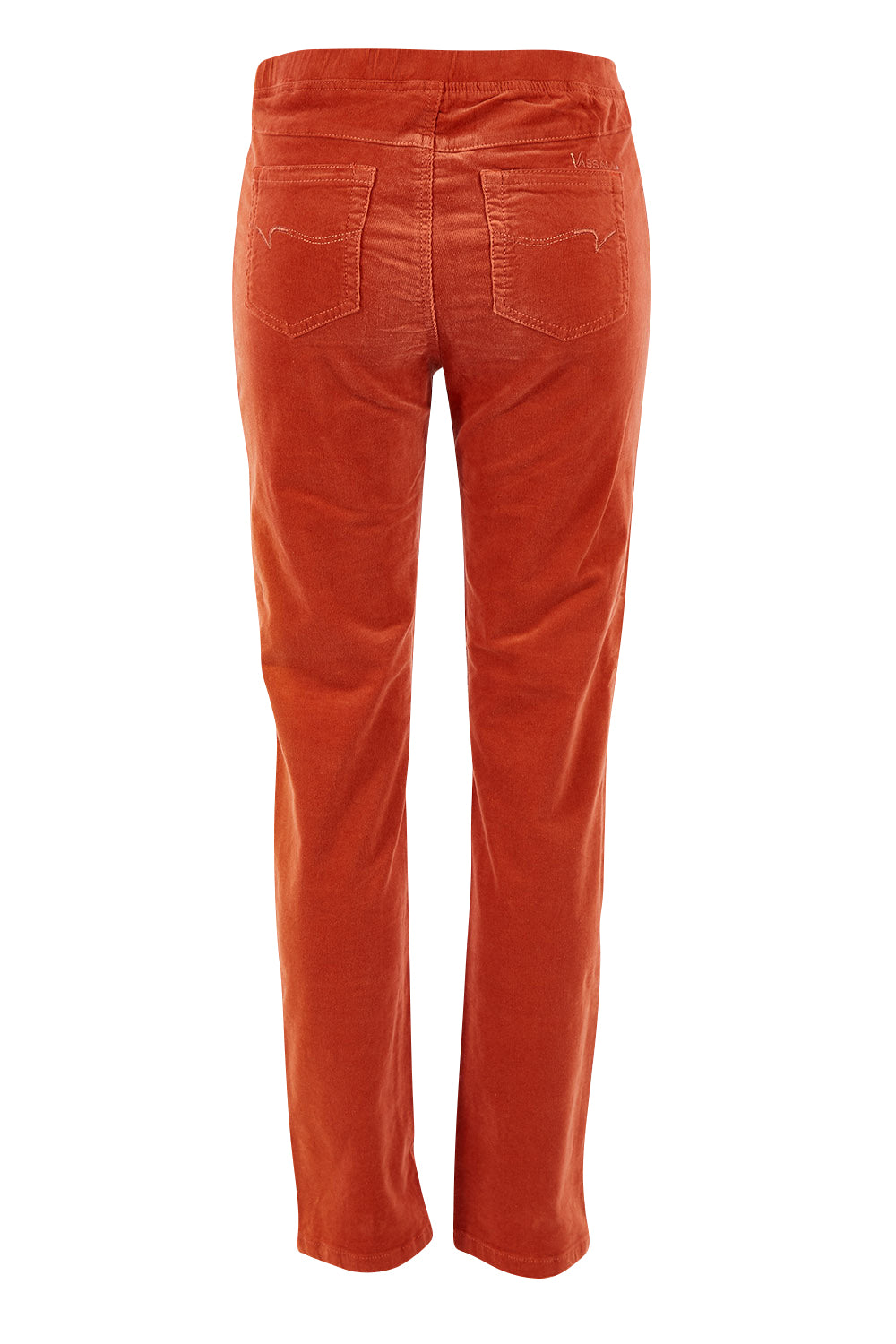 Product shot of the Pin Cord Slim Pant in colour Auburn, from the back