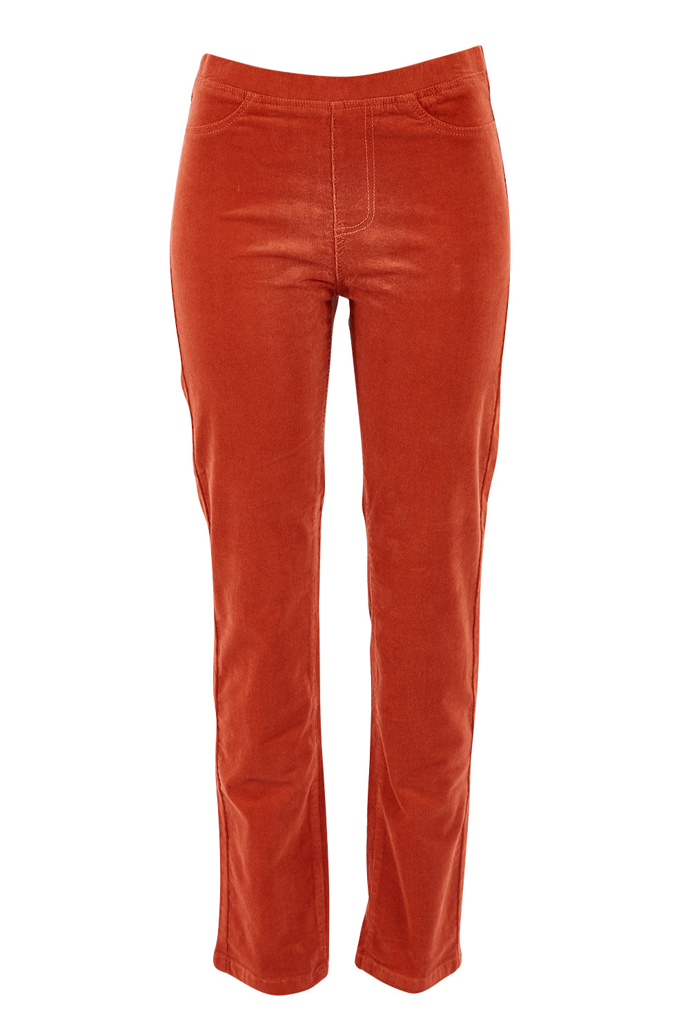 Product shot of the Pin Cord Slim Pant in colour Auburn, from the front