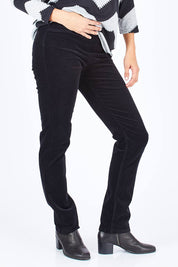 Model Gemma wearing size 10 of the Pin Cord Slim Pant in colour Black (Black), from the front, cropped image
