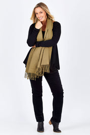Model Jess wearing size 14 of the Pin Cord Slim Pant in colour Black (Black), from the front, showing the whole outfit