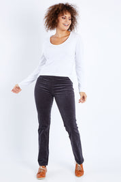Model Lala wearing size 10 of the Pin Cord Slim Pant in colour Charcoal (Grey), from the front, showing the whole outfit