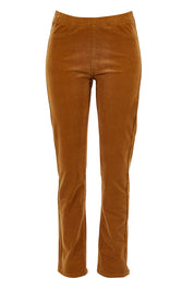 Product shot of the Pin Cord Slim Pant in colour Copper, from the front