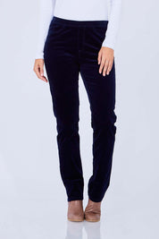 Model Anna wearing size 10 of the Pin Cord Slim Pant in colour Navy (Blue), from the front, cropped image