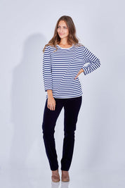 Model Anna wearing size 10 of the Pin Cord Slim Pant in colour Navy (Blue), from the front, showing the whole outfit
