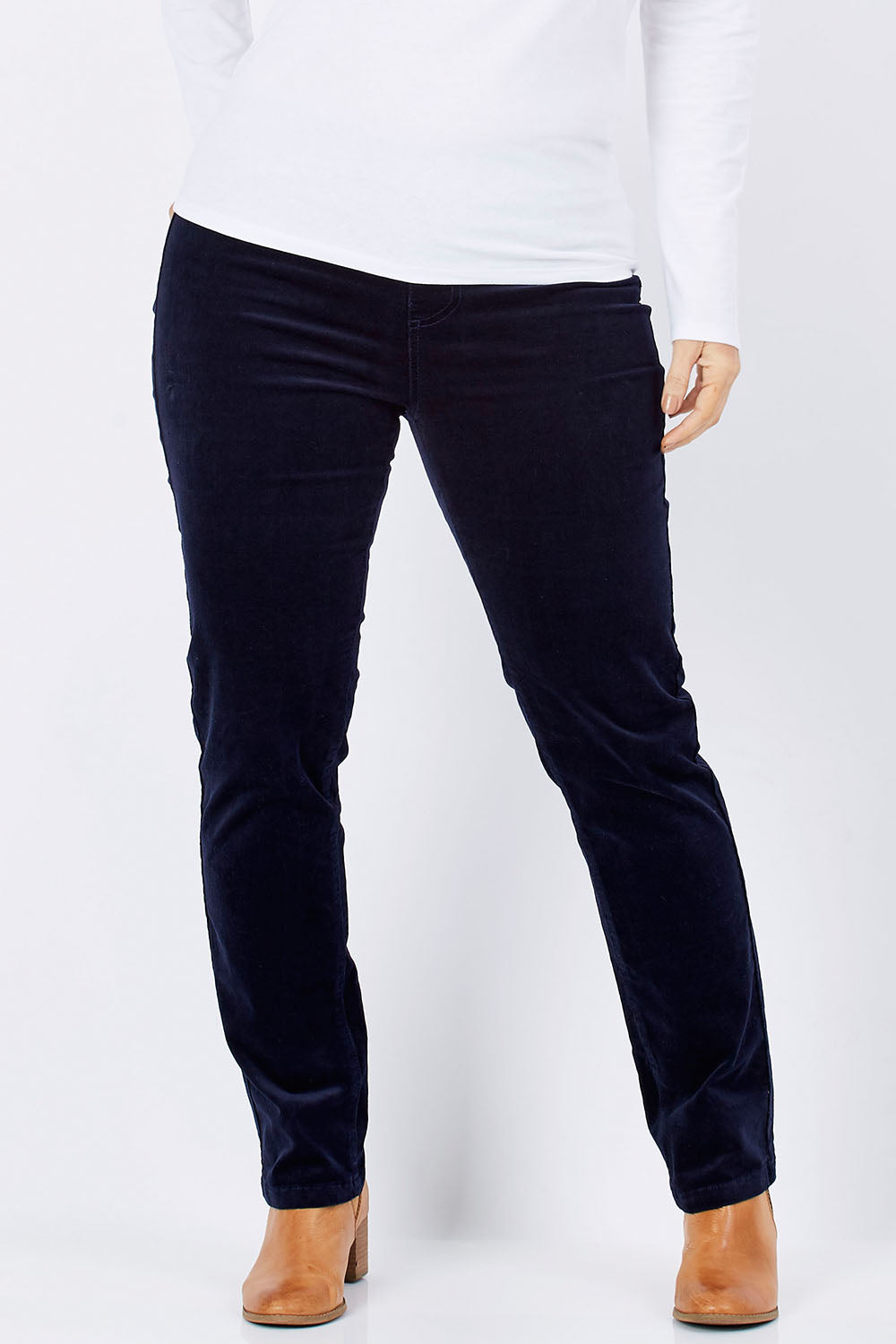 Model Laura wearing size 12 of the Pin Cord Slim Pant in colour Navy (Blue), from the front, cropped image