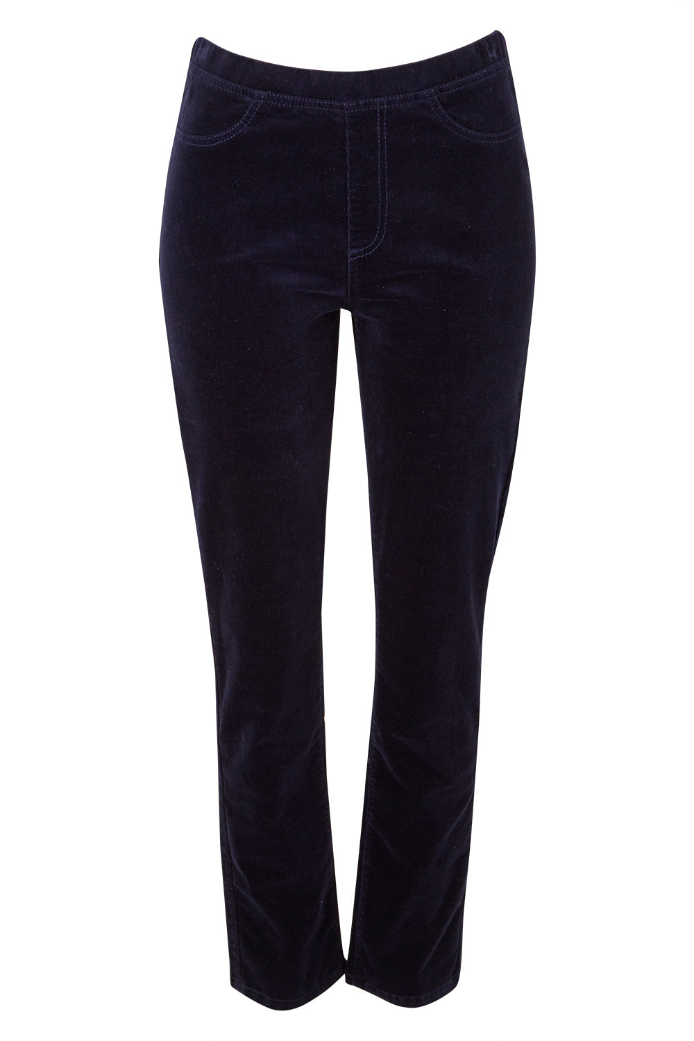 Product shot of the Pin Cord Slim Pant in colour Navy (Blue), from the front