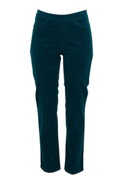 Product shot of the Pin Cord Slim Pant in colour Peacock (Green), from the front