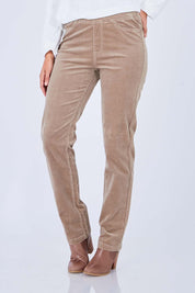 Model Anna wearing size 10 of the Pin Cord Slim Pant in colour Stone, from the front, cropped image