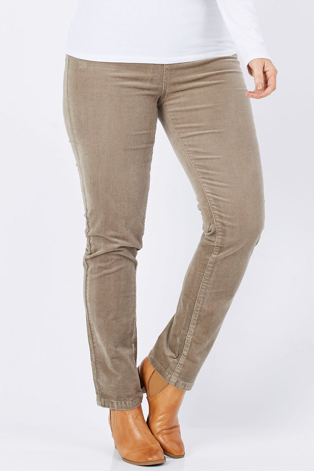 Model Laura wearing size 12 of the Pin Cord Slim Pant in colour Stone, from the front, cropped image