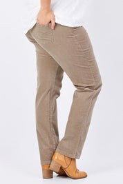 Model Mae wearing size 16 of the Pin Cord Slim Pant in colour Stone, from the back