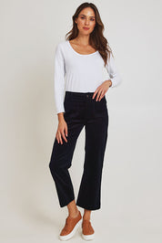 Model Madeline wearing size 10 of the Wide Leg Ankle Grazer Pant in colour Midnight (Blue), from the front, showing the whole outfit