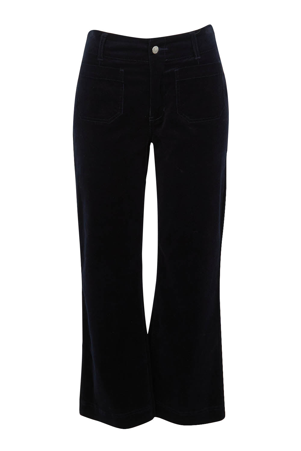 Product shot of the Wide Leg Ankle Grazer Pant in colour Midnight (Blue), from the front