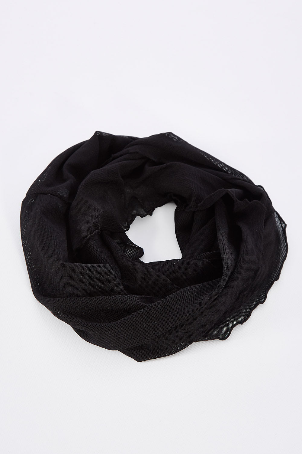 A model wearing size OneSize of the Mesh Loop Scarf in colour Black (Black), from the front, showing the whole outfit