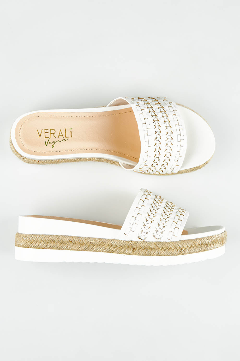 A model wearing size 37 of the Denver Slide in colour White (White), from the front, showing the whole outfit