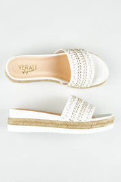 A model wearing size 37 of the Denver Slide in colour White (White), from the front, showing the whole outfit