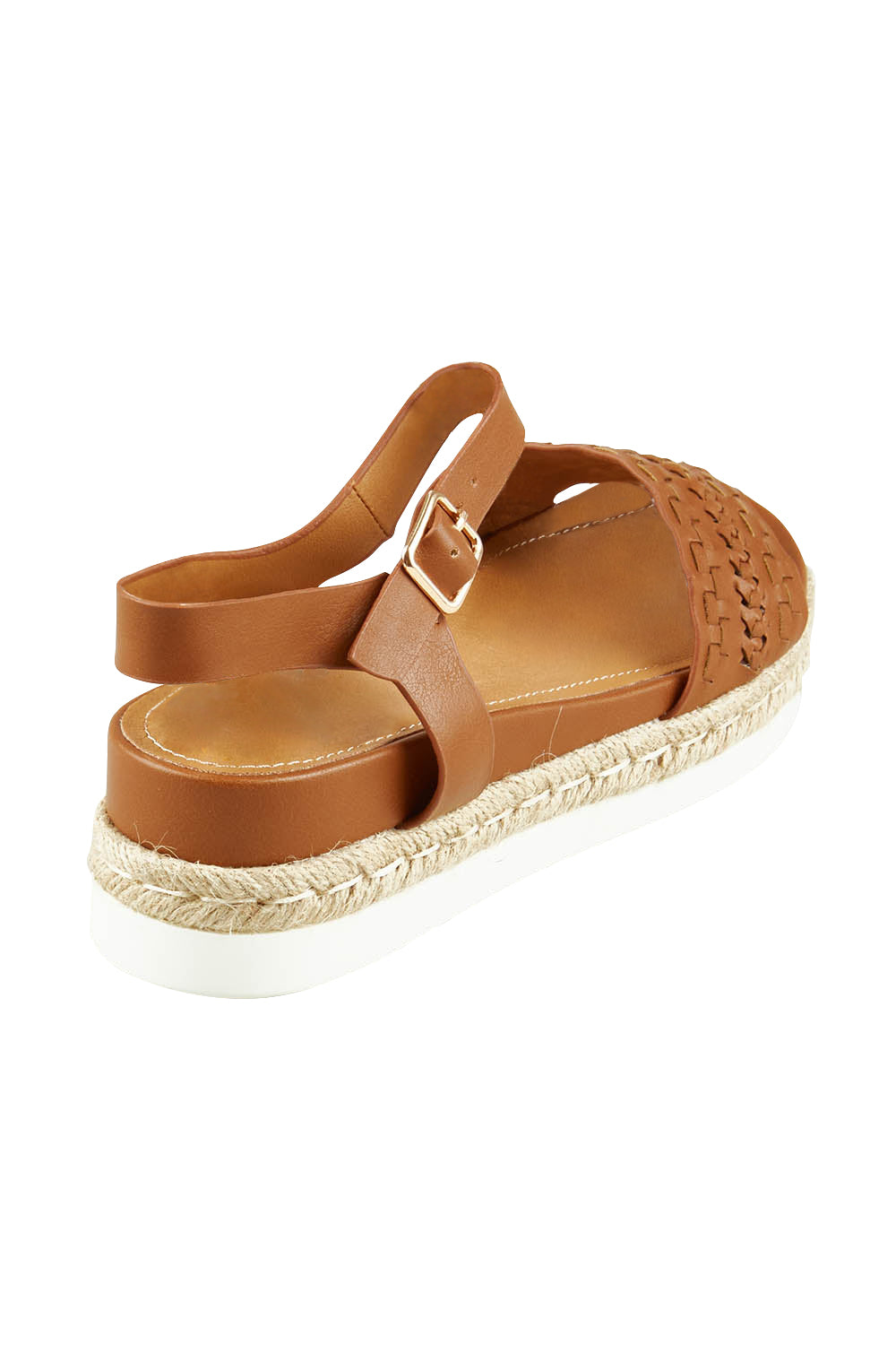 Product shot of the Disco Woven Flatform Sandal in colour Tan, from the back