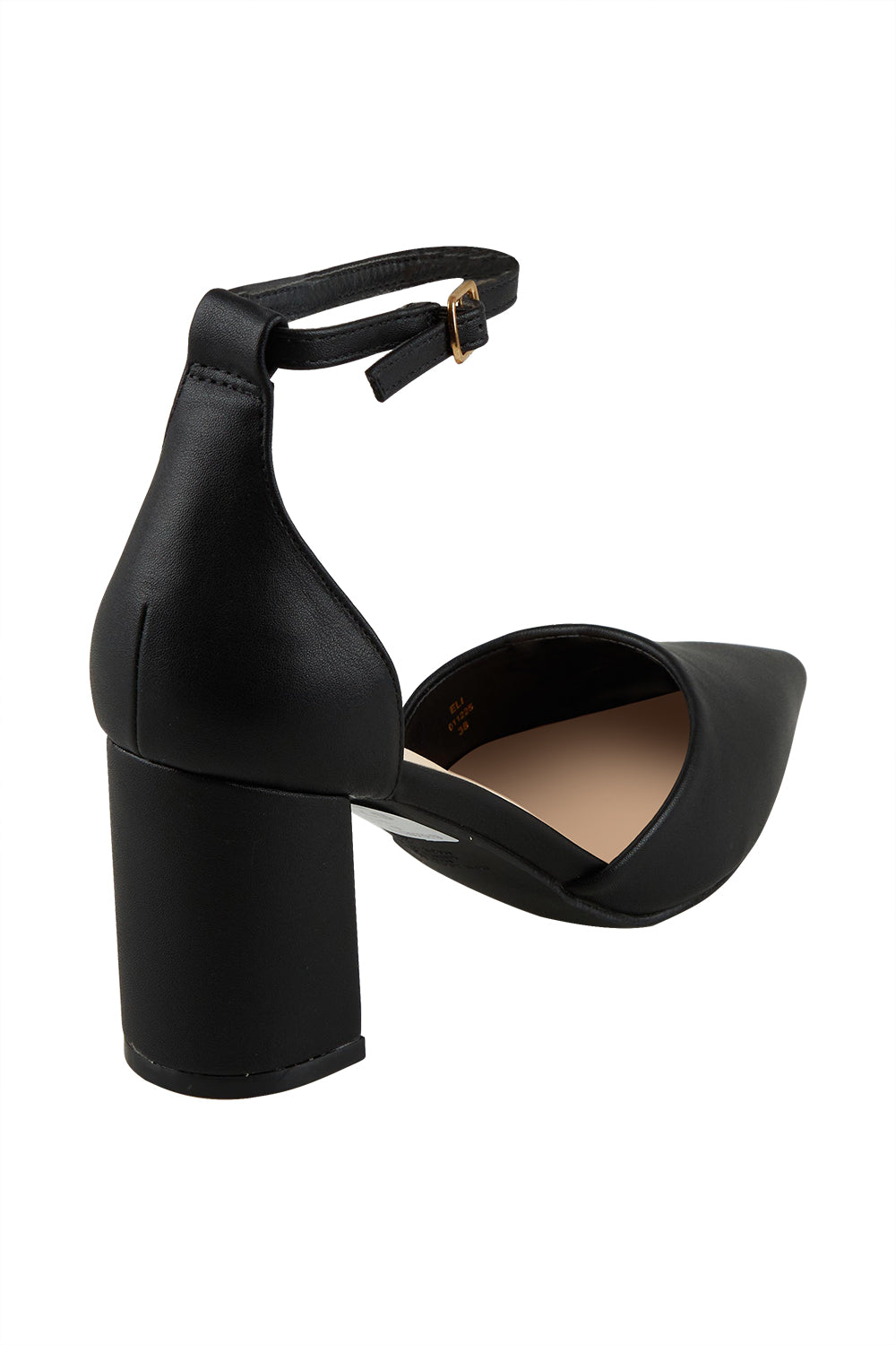 Product shot of the Eli Closed Toe Block Heel in colour Black (Black), from the back