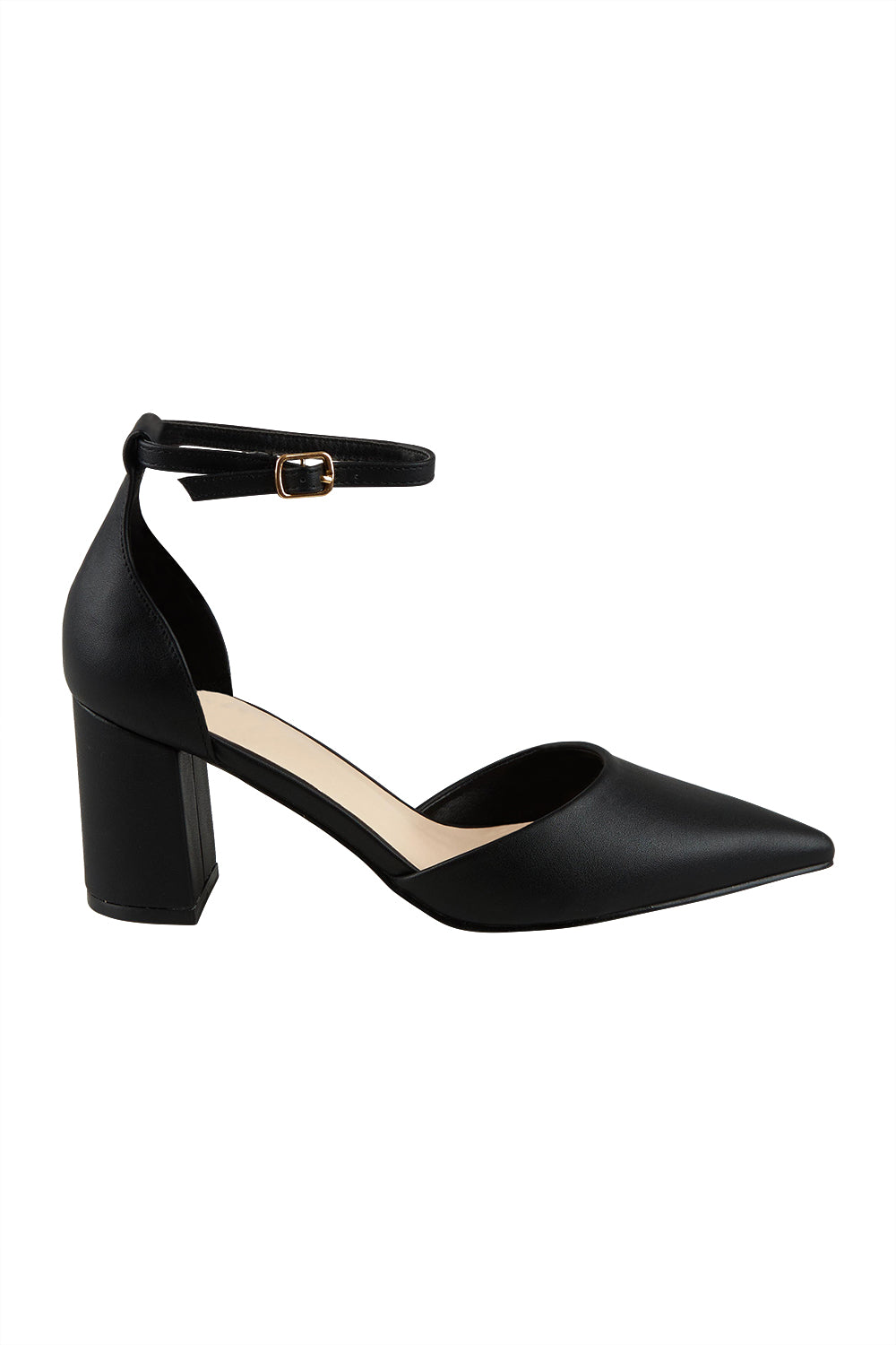 Product shot of the Eli Closed Toe Block Heel in colour Black (Black), from the front