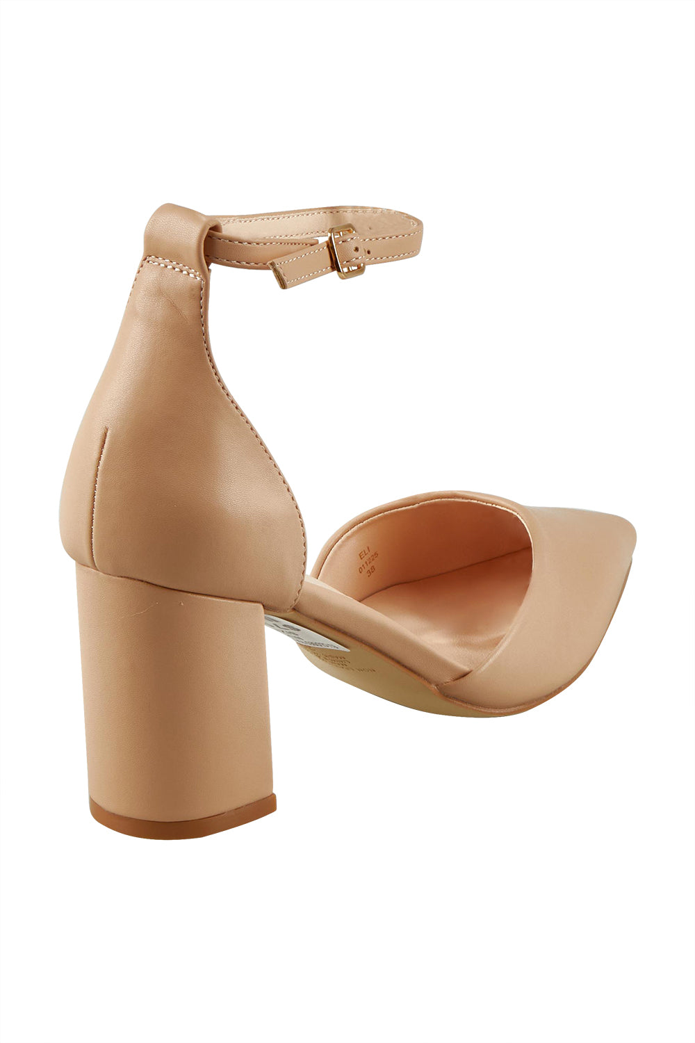 Product shot of the Eli Closed Toe Block Heel in colour Nude, from the back