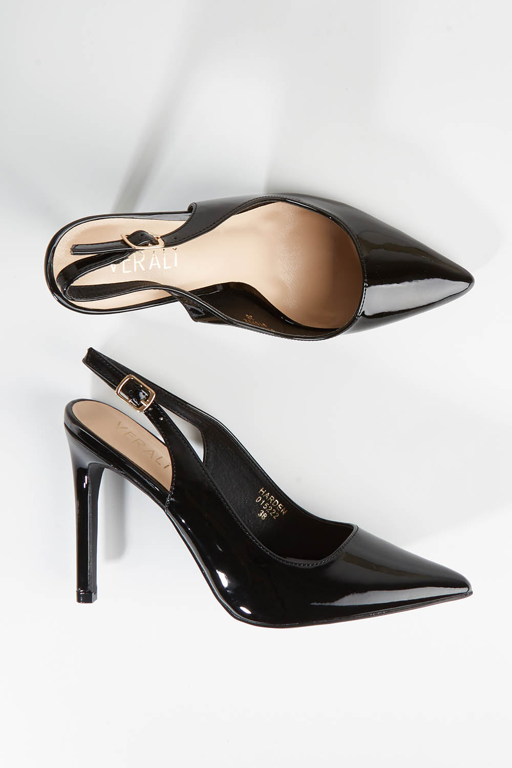 A model wearing size 36 of the Harden Stiletto Pumps in colour Blkpatent (Black), from the front, showing the whole outfit