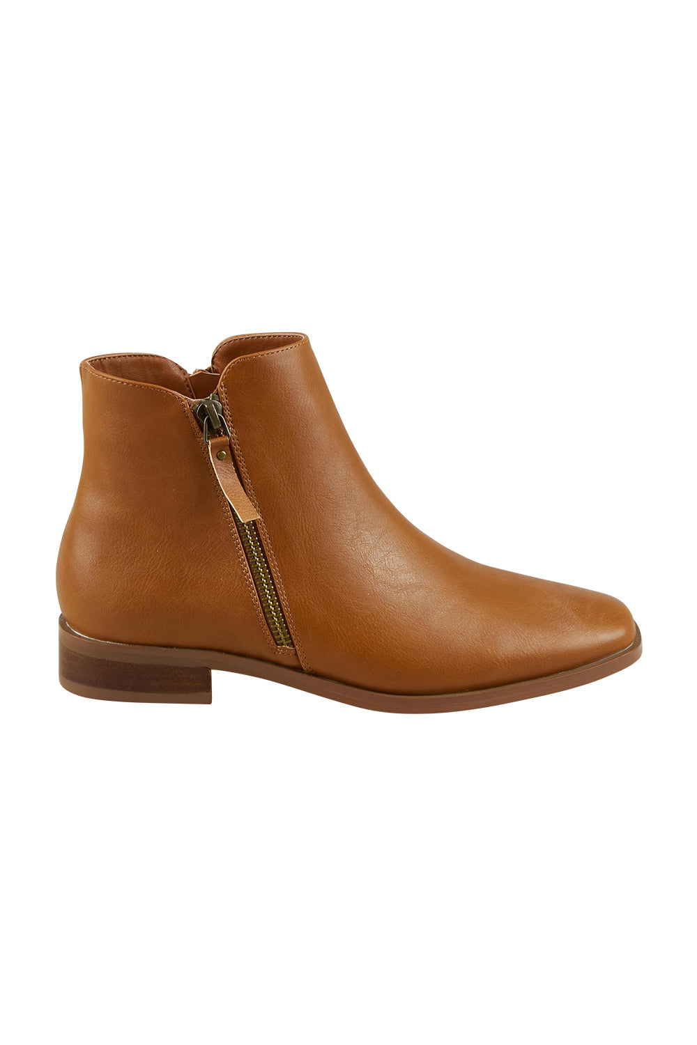 Product shot of the Hawk Double Zip Ankle Boot in colour Tan, from the front