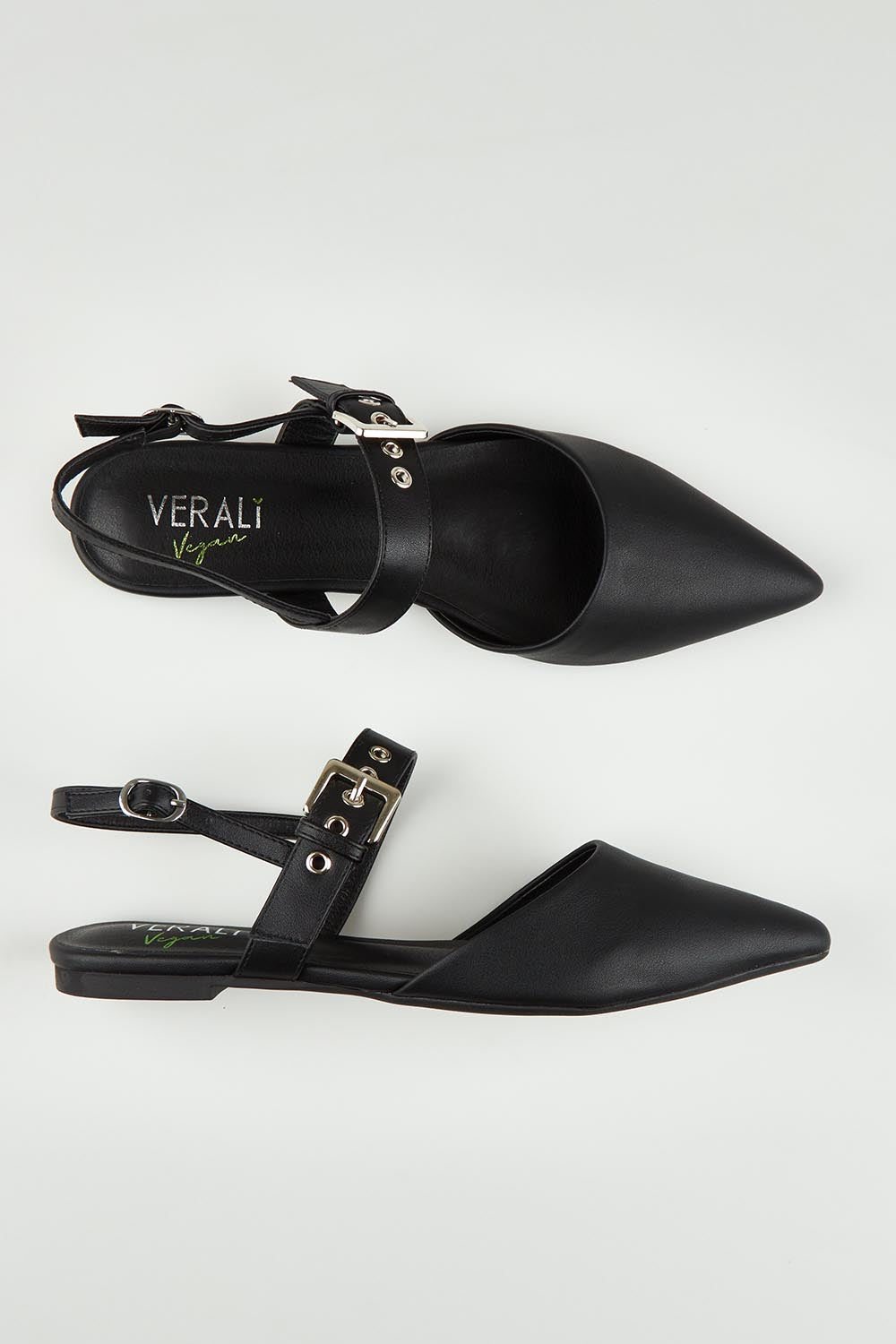 A model wearing size 37 of the Idaho Ballet Flat in colour Black (Black), from the front, showing the whole outfit