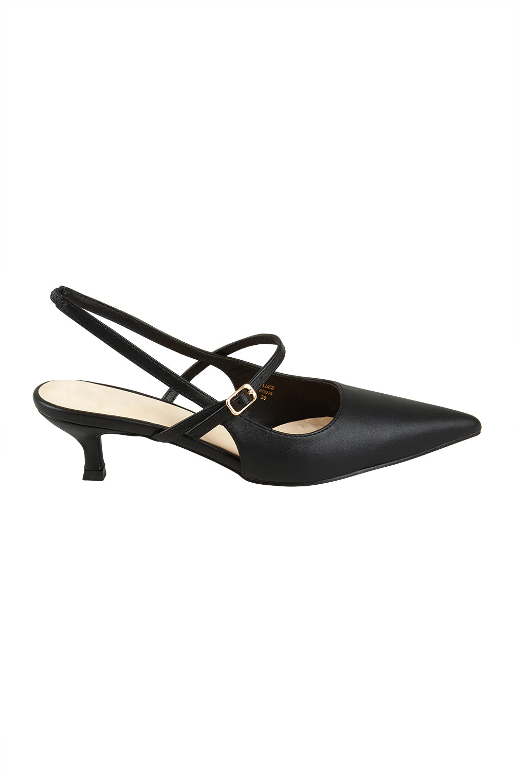 Product shot of the Luce Kitten Heel in colour Black (Black), from the front
