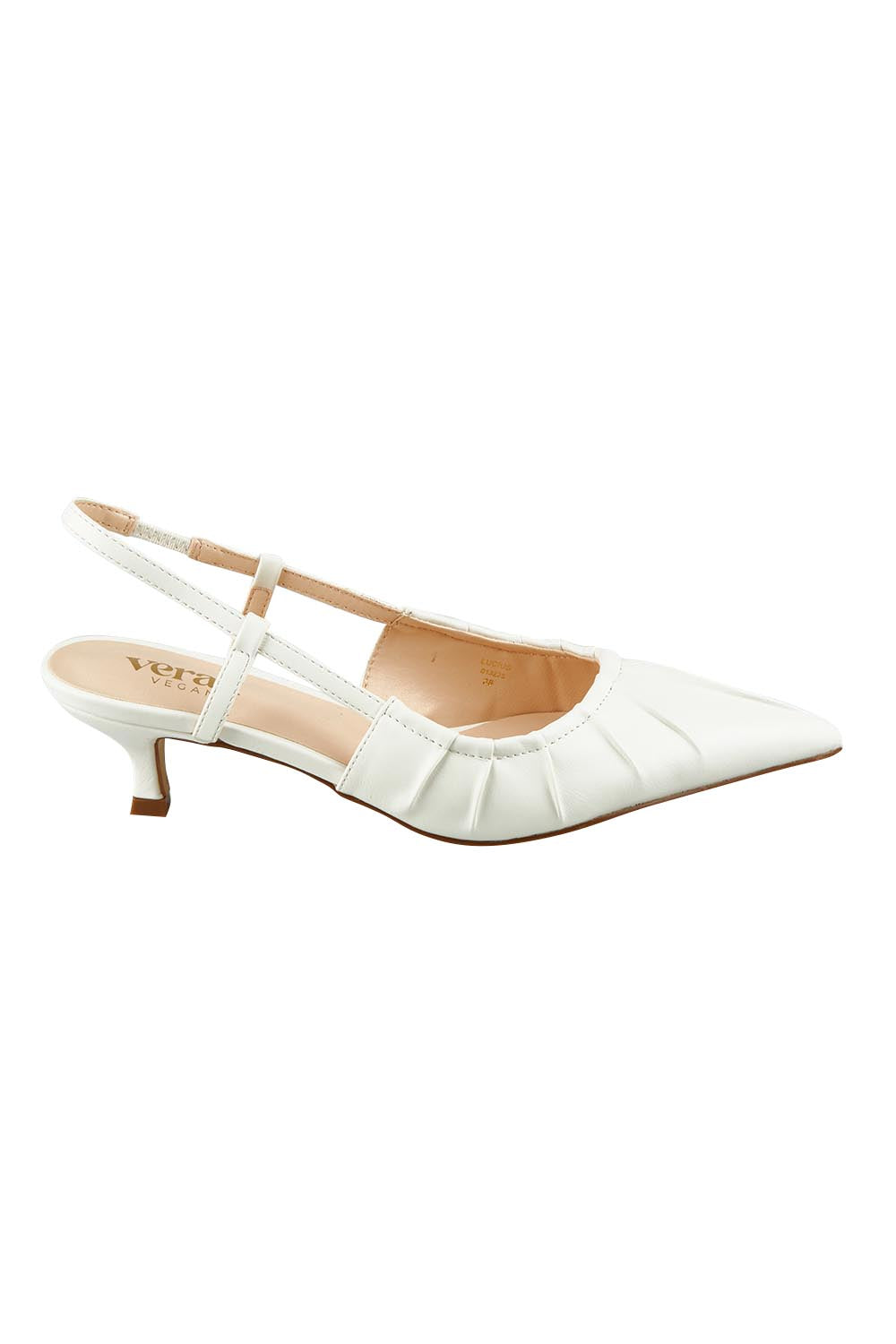 Product shot of the Lucius Kitten Heel in colour Chalkwhite (White), from the front