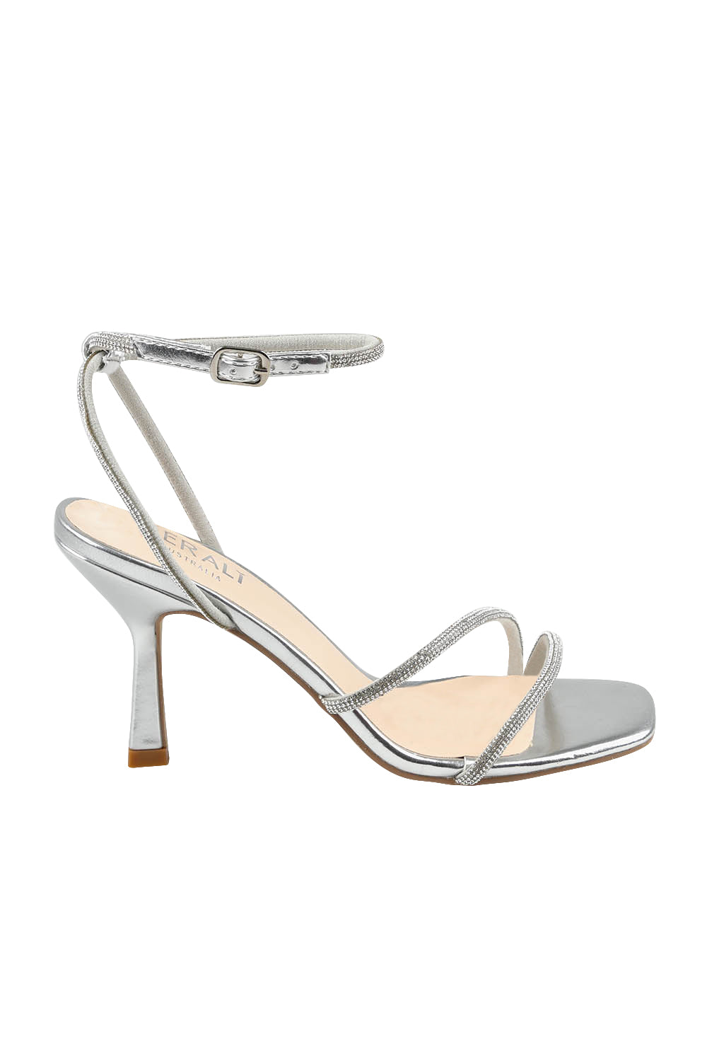 Product shot of the Pepper Heel in colour Silver (Metallics), from the front