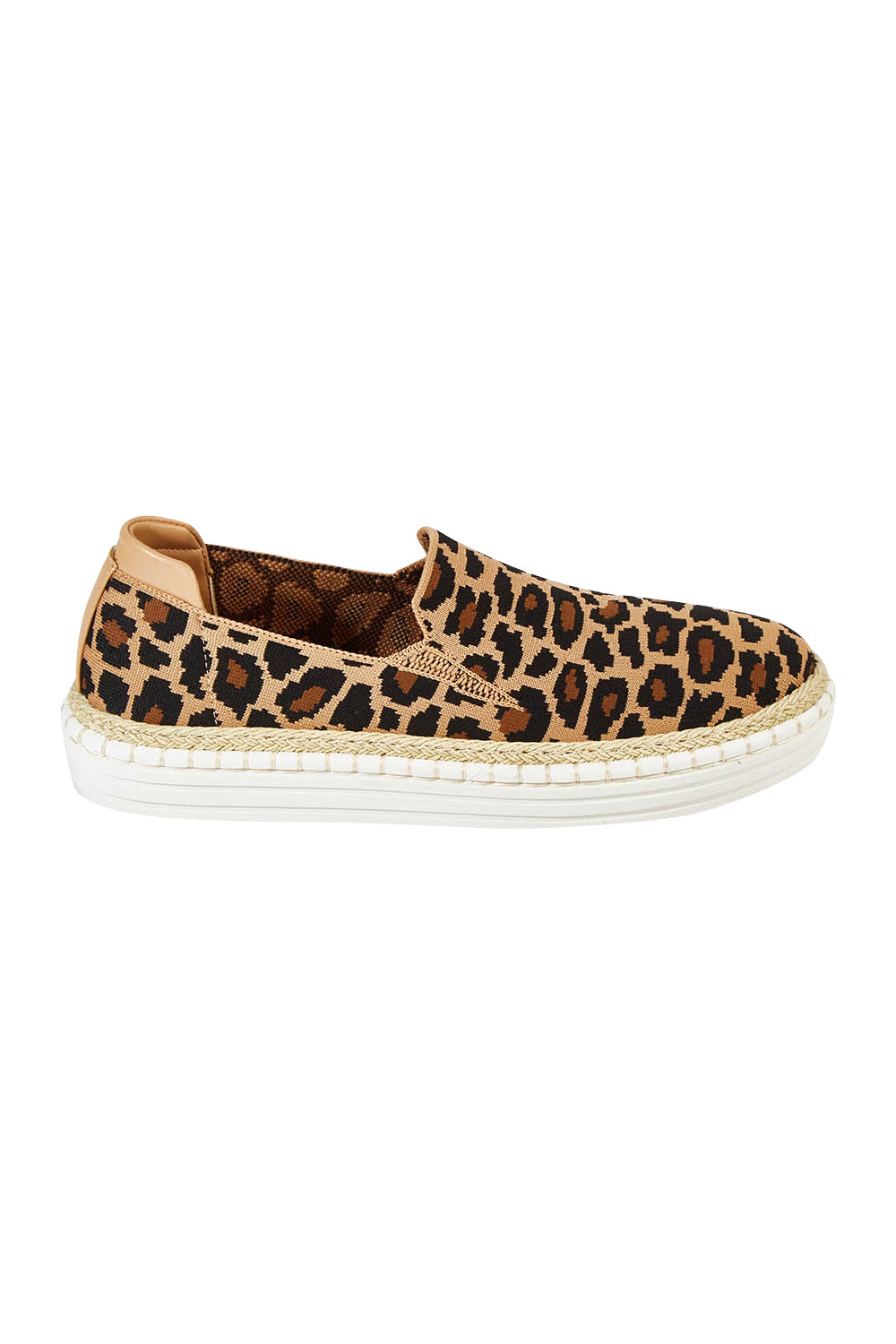 Product shot of the Queen Stretch Flat in colour Leopard (Black), from the front