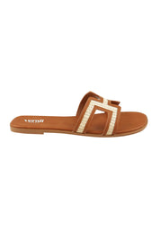 Product shot of the Sandra Slide in colour Tanraffia, from the front
