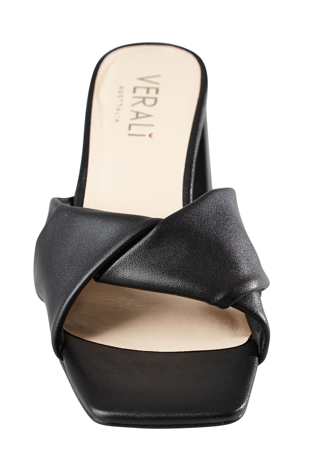 Product shot of the Stella Block Heel Mule in colour Black (Black), detail
