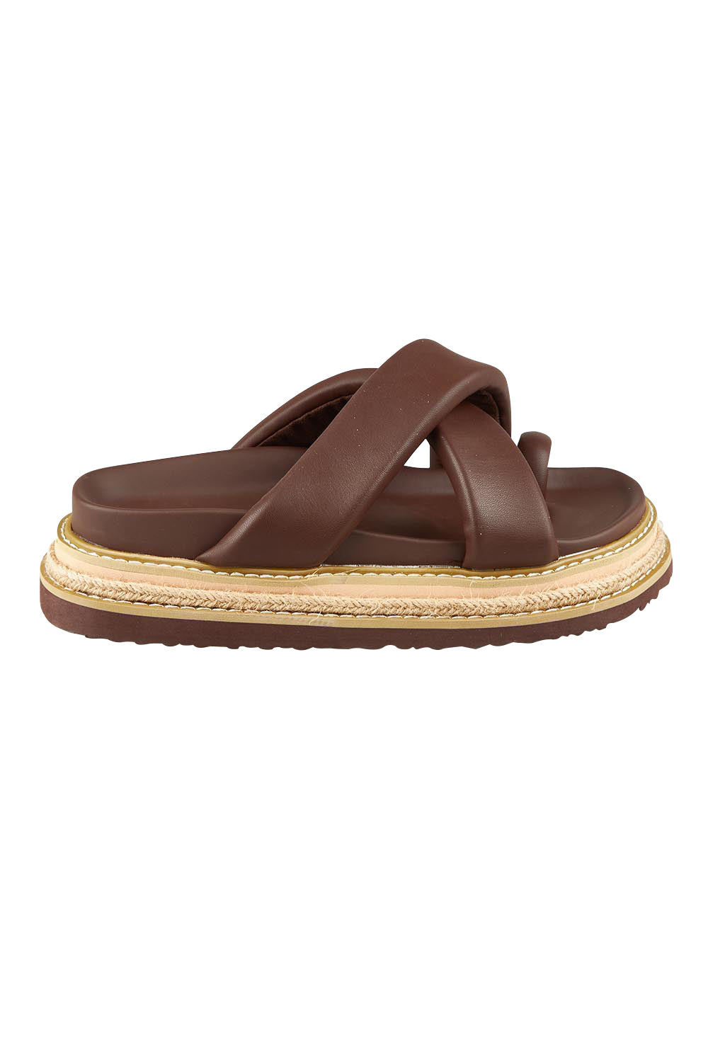 Product shot of Thelma Flatform Slide in colour Chocolate, from the front