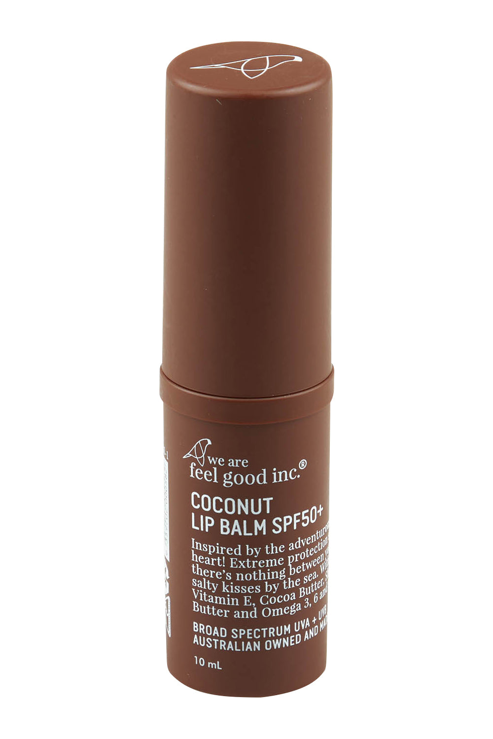 Product shot of the Coconut Lip Balm Spf50+ in colour Coconut, from the front