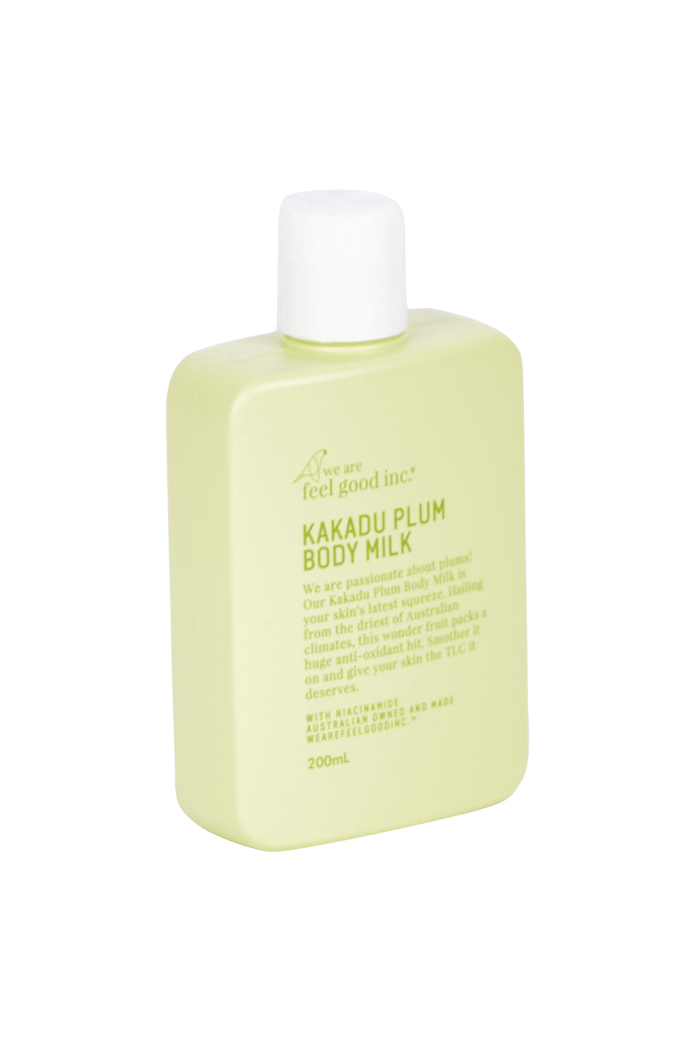 Product shot of the Kakadu Plum Body Milk in colour Kakadu (Green), from the front