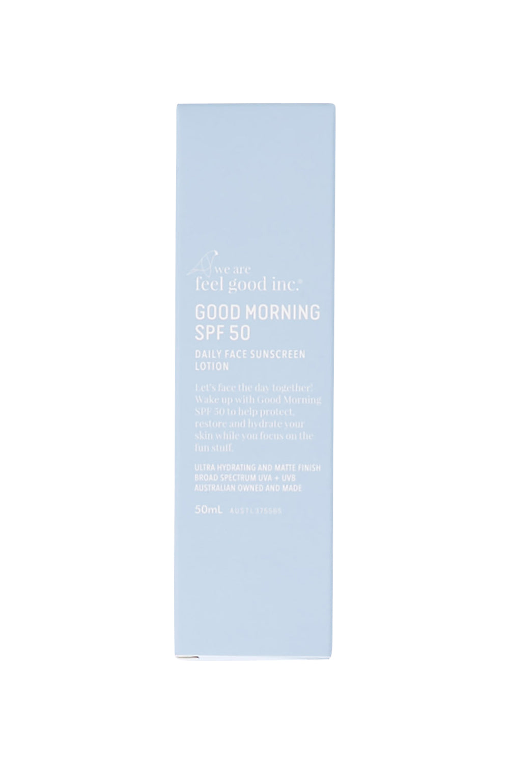 Product shot of the Good Morning SPF 50+ in colour Morning (Blue), from the front
