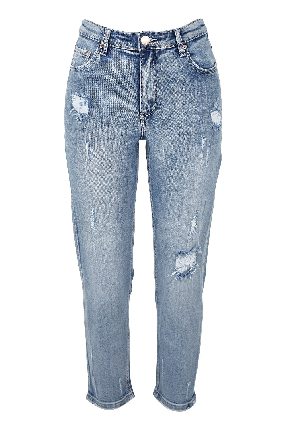 Product shot of the Vicky Distressed High Rise Jean in colour Blue (Blue), from the front