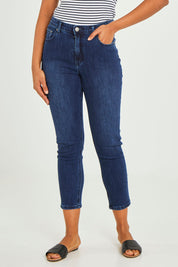 Model Olivia wearing size 10 of the Samantha High Rise Jean in colour Darkblue (Blue), from the front, cropped image