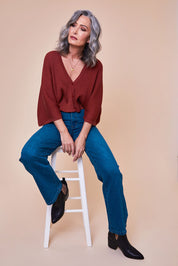 Model Luisa wearing size 10 of the Angie Wide Leg Jean in colour Denim (Blue), from the front, showing the whole outfit