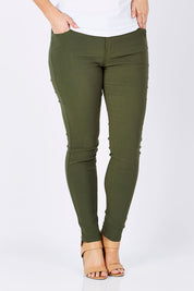Model Jess wearing size 14 of the Sutton High Rise Skinny Jean in colour Khaki (Green), from the front, cropped image