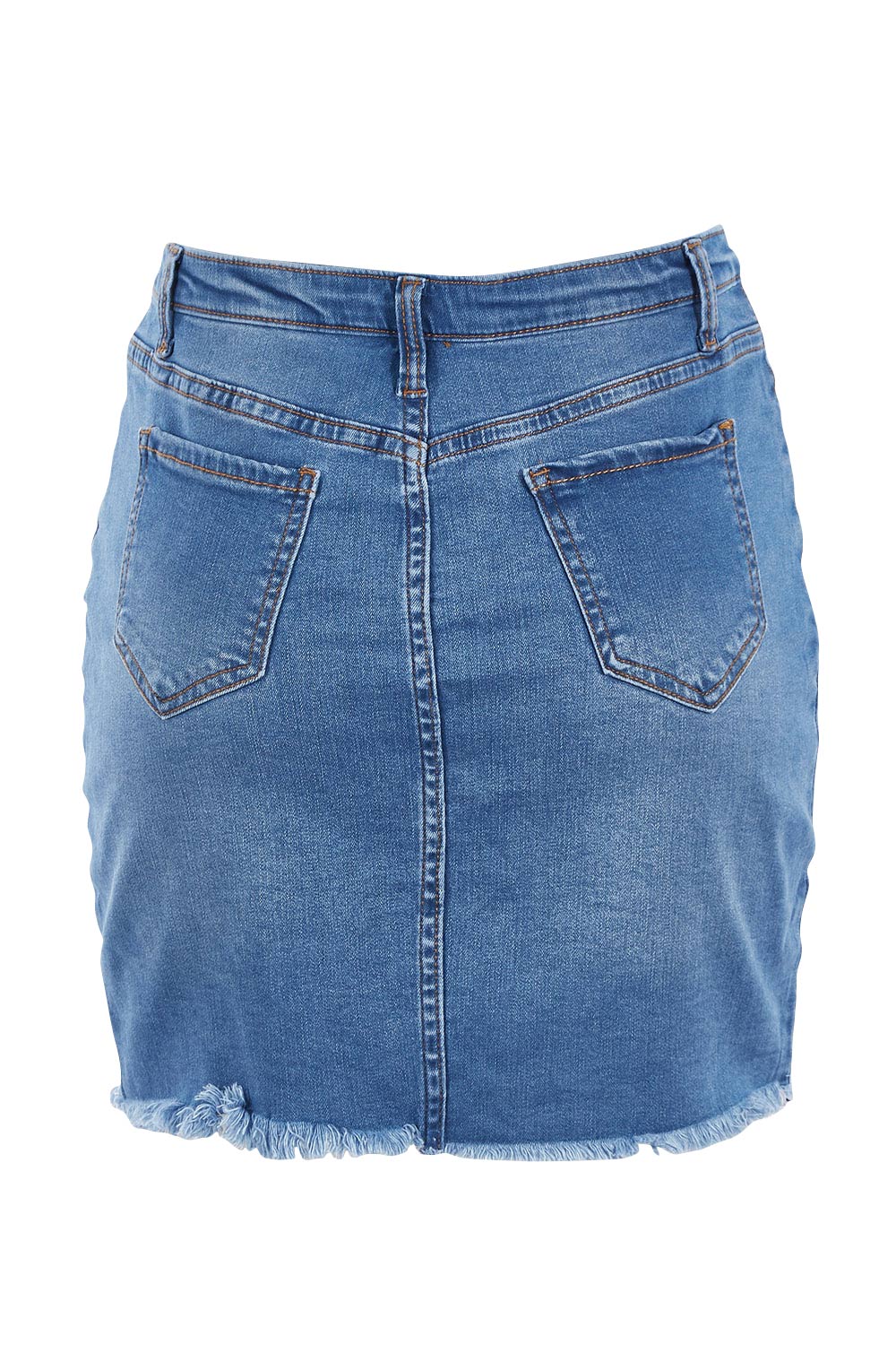 Product shot of the Amy Frayed Hem Denim Skirt in colour Middenim (Blue), from the back