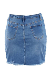 Product shot of the Amy Frayed Hem Denim Skirt in colour Middenim (Blue), from the back