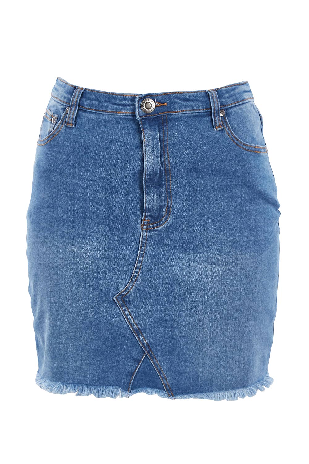 Product shot of the Amy Frayed Hem Denim Skirt in colour Middenim (Blue), from the front