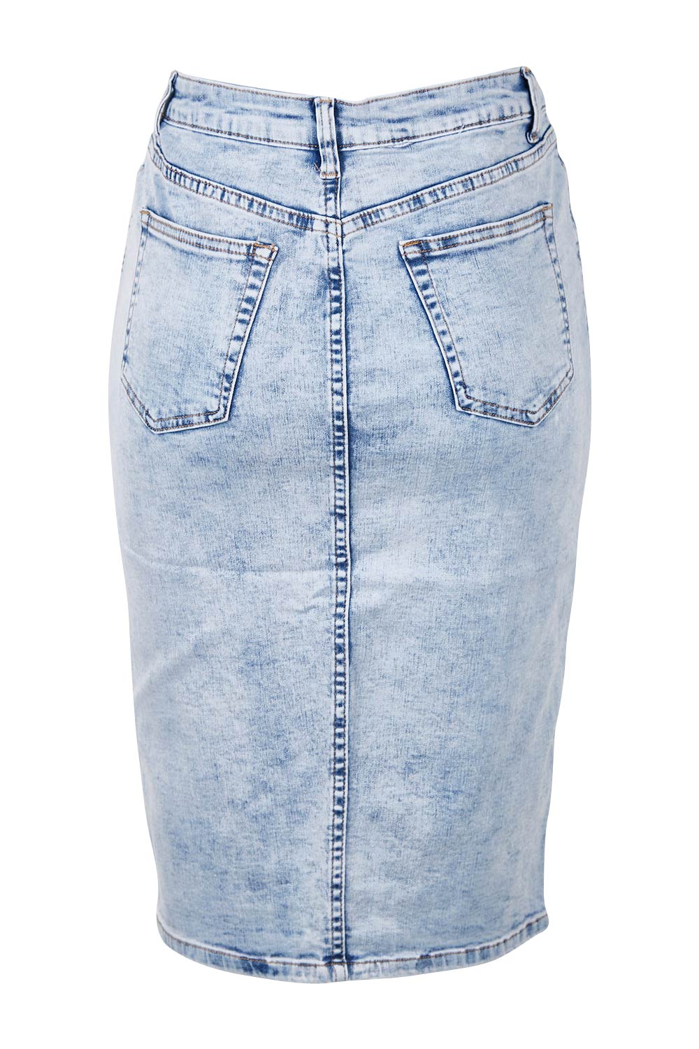 Product shot of the Sarah Mid Denim Skirt in colour Lightwash (Blue), from the back