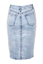 Product shot of the Sarah Mid Denim Skirt in colour Lightwash (Blue), from the back