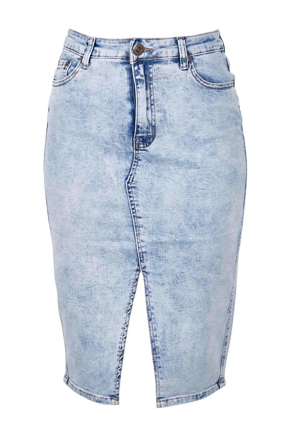 Product shot of the Sarah Mid Denim Skirt in colour Lightwash (Blue), from the front