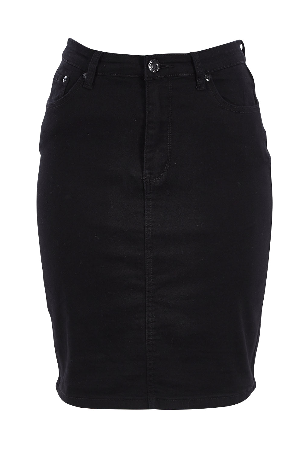 Product shot of the Brenna High Rise Denim Skirt in colour Black (Black), from the front