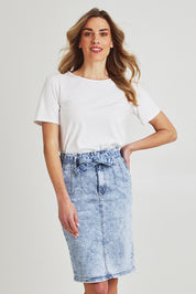 Model Olivia wearing size 10 of the Alexis Highin colourWaisted Skirt - Stonewash (Blue), from the front, cropped image
