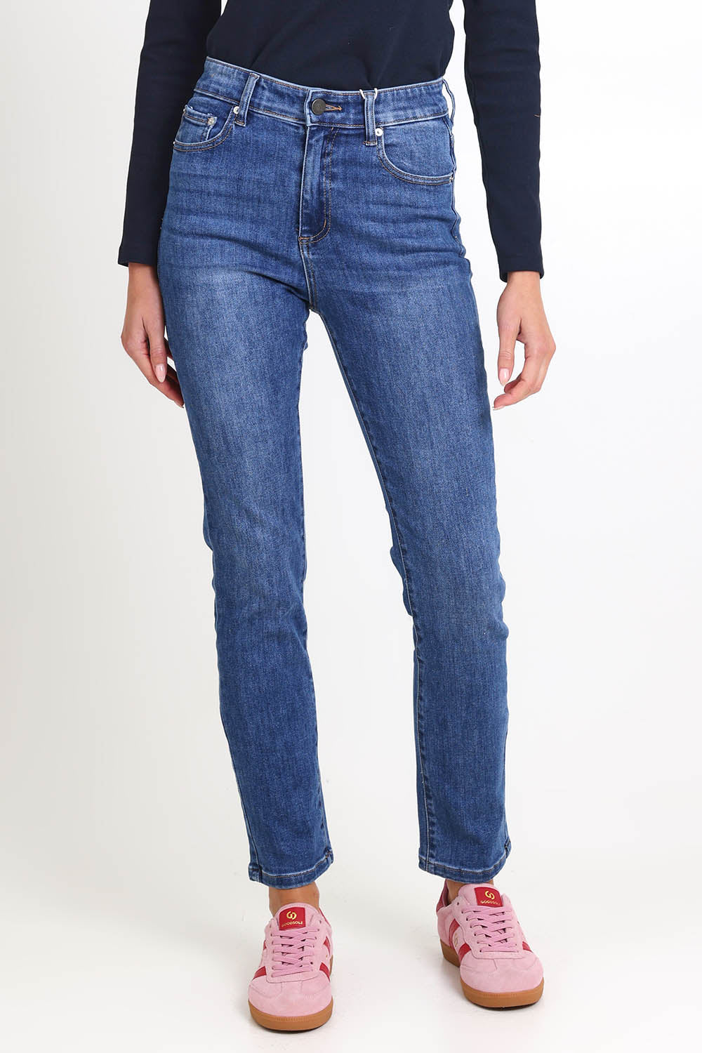 Model Madelinec wearing size 10 of the Ava High-Waisted Straight Leg Jean - Middenim in colour Middenim, in a cropped view